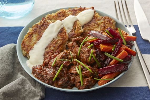 Sautéed Beef & Potato Latkes with Roasted Beet & Carrots