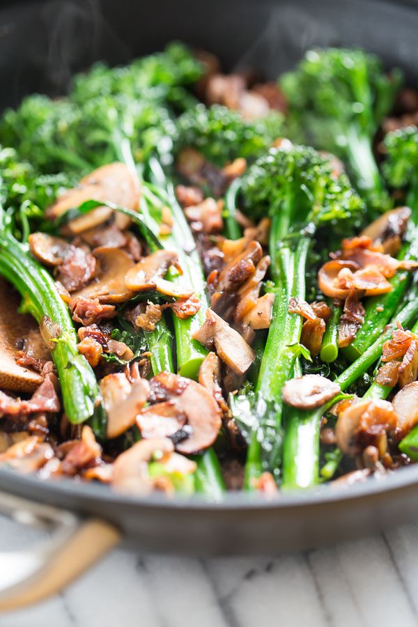 Sauteéd Brocolli Rabe with Prosciutto, Mushrooms, and Caramelized Onions