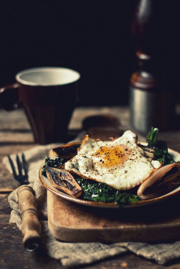 Sauteed Purple Kale with Charred Shallots & Fried Egg