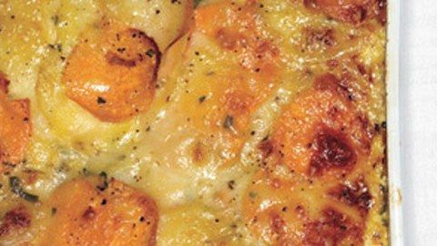 Scalloped Yukon Gold and Sweet Potato Gratin with Fresh Herbs