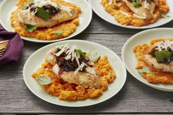 Seared Chicken & Mashed Sweet Potatoes with Balsamic-Caramelized Onion