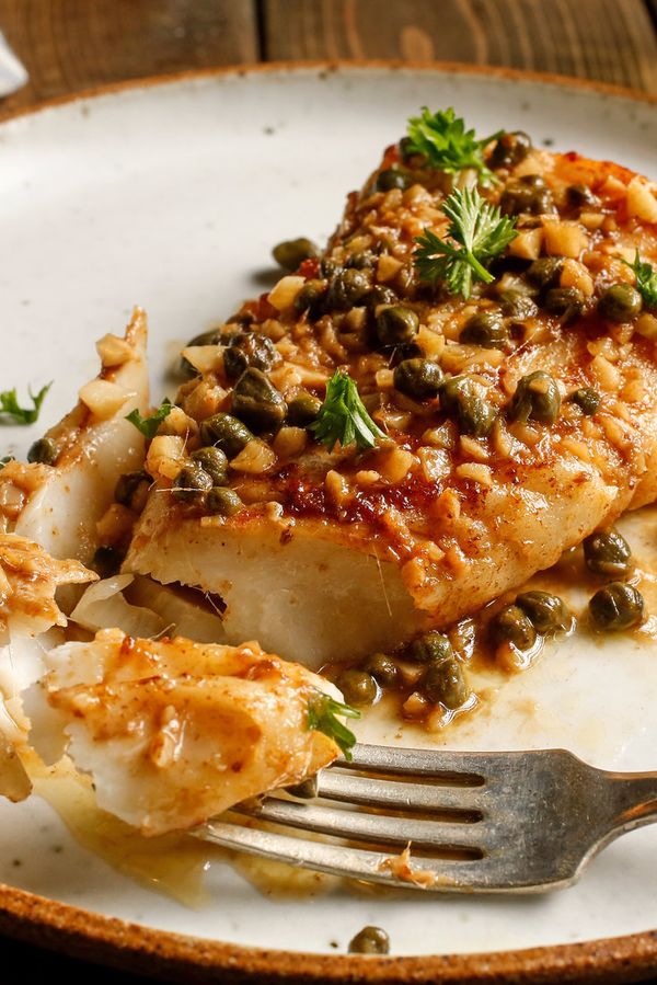 Seared Halibut With Anchovies, Capers And Garlic