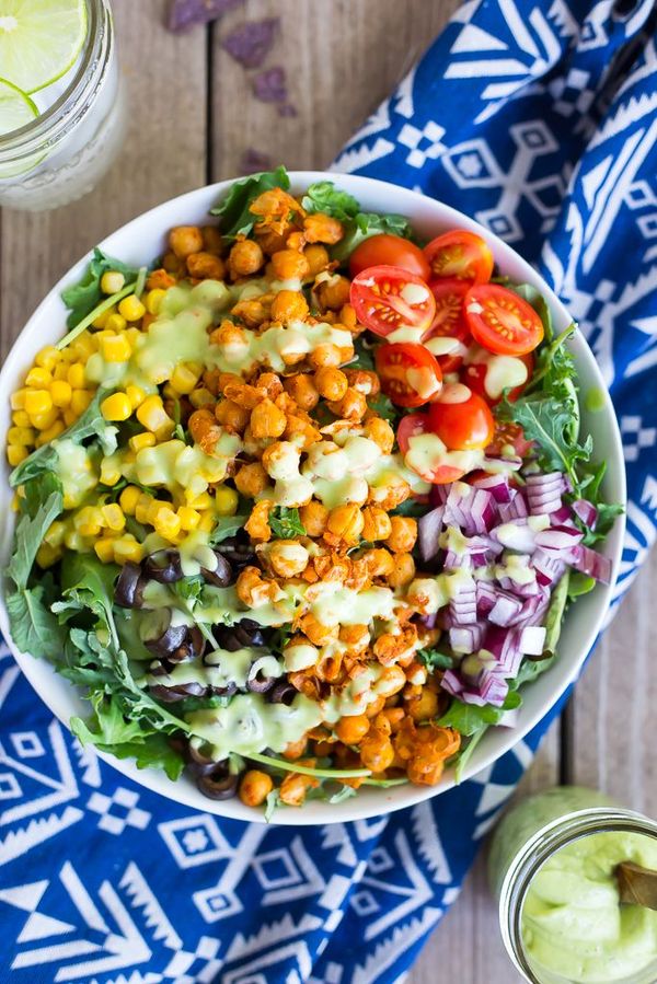 Seasoned Chickpea Taco Salad with Avocado Ranch Dressing