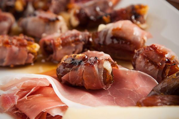 Serrano Ham Wrapped Dates with Sweet Bourbon Glaze