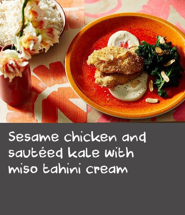 Sesame chicken and sautéed kale with miso tahini cream