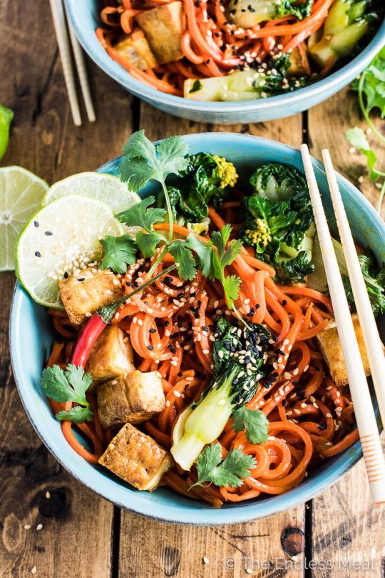 Sesame Ginger Carrot Noodle Stir Fry with Bok Choy and Crispy Tofu