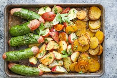 Sheet Pan Bratwurst, Beets, and Chard