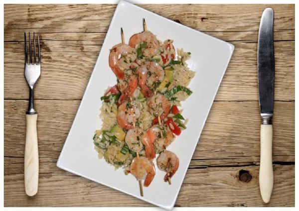 Shrimp Skewers with Dill Butter and Orzo Salad