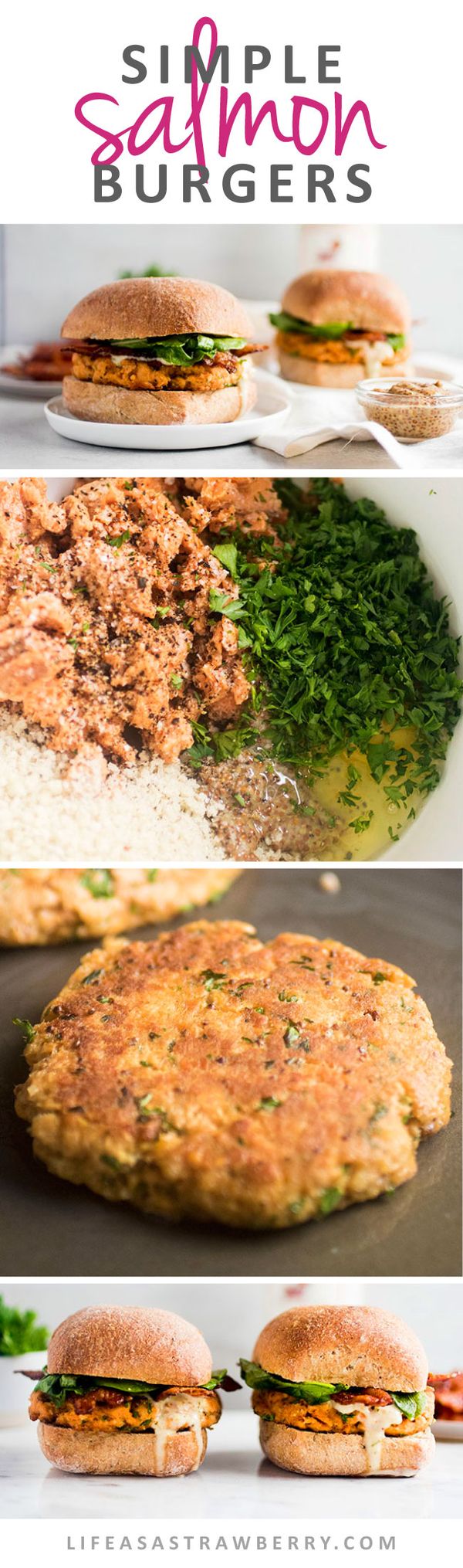 Simple Salmon Burgers with Bacon and Arugula