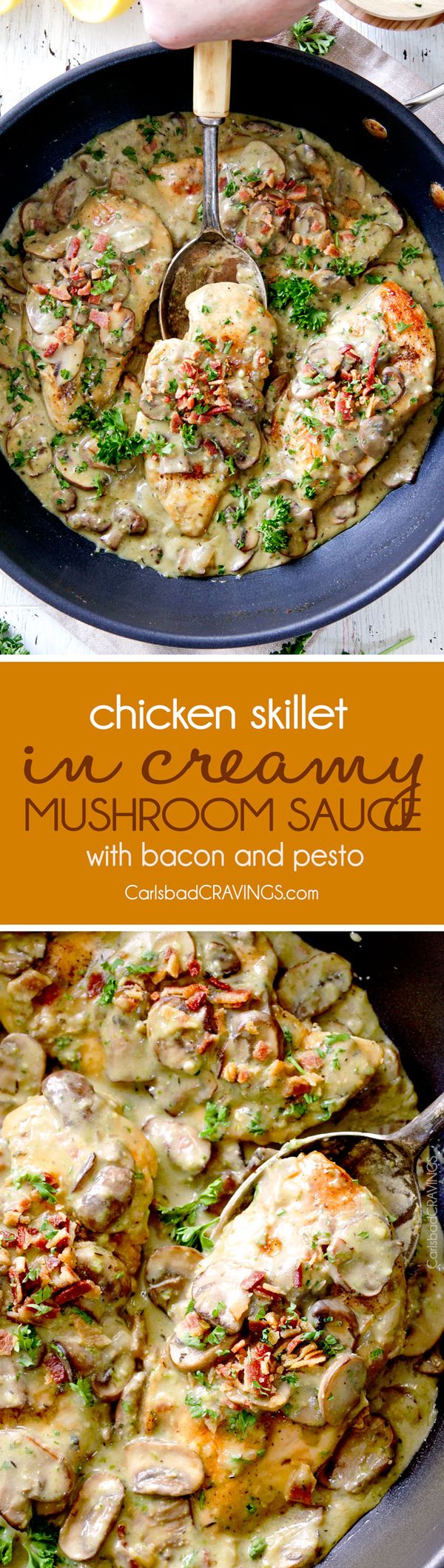 Skillet Chicken in Creamy Mushroom Sauce with Bacon and Pesto