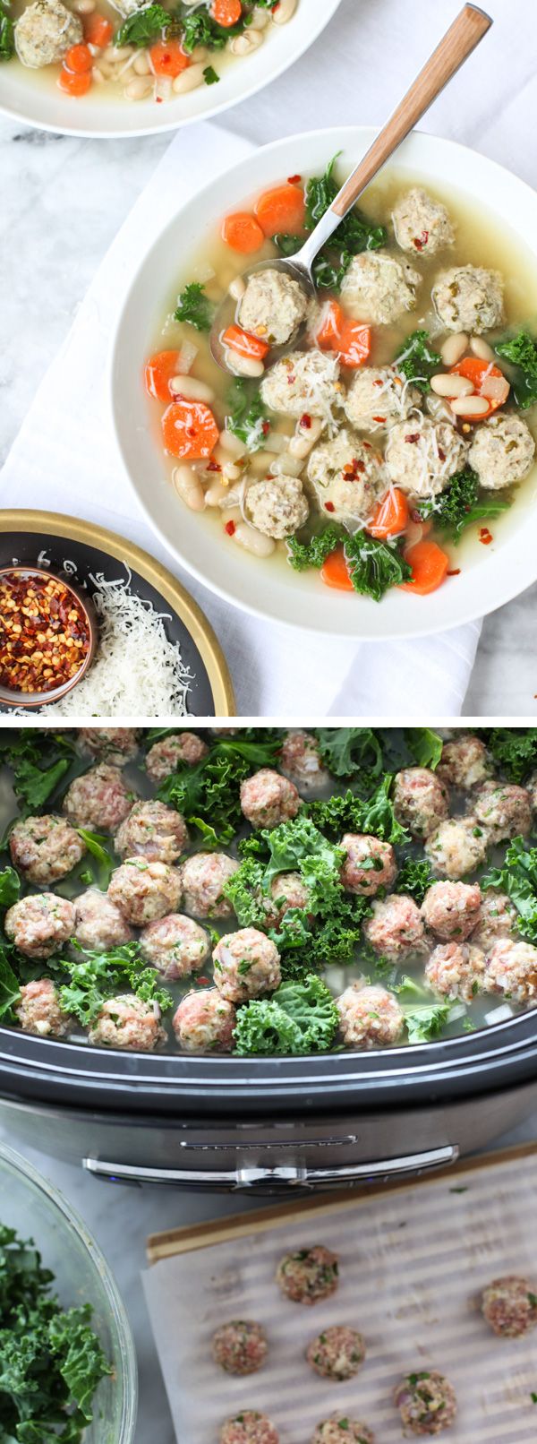 Skinny Slow Cooker Kale and Turkey Meatball Soup