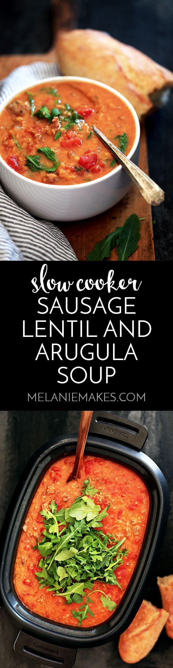 Slow Cooker Sausage Lentil and Arugula Soup