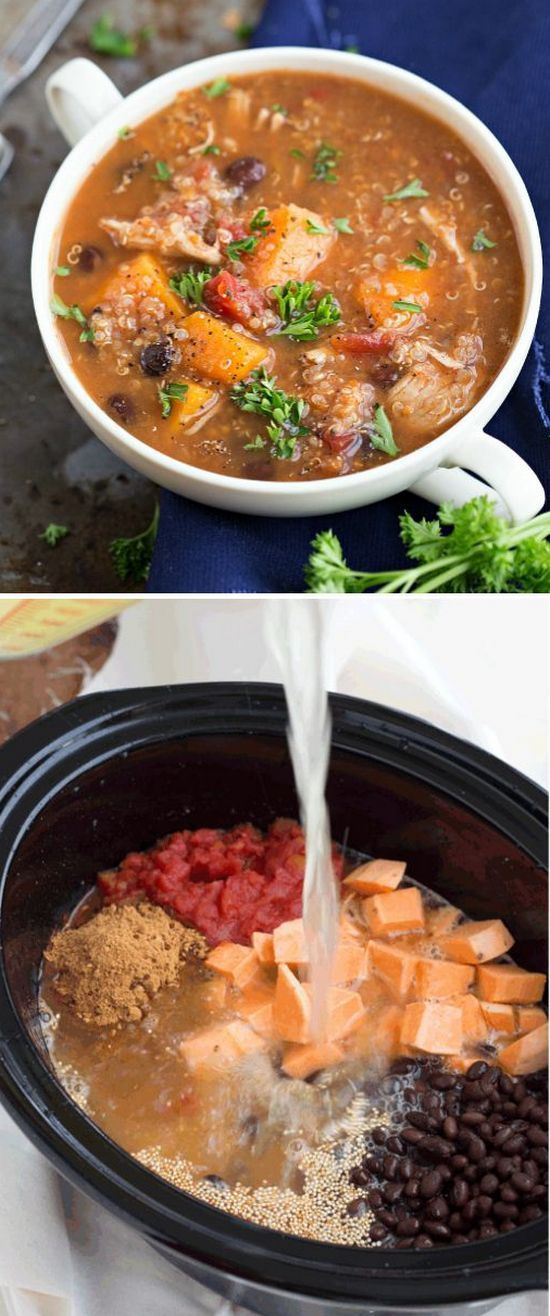 (Slow Cooker Sweet potato, chicken, and quinoa soup