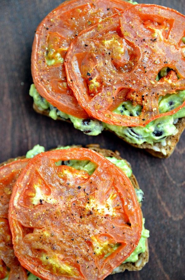 Smashed Avocado, Black Bean + Roasted Tomato Toasts