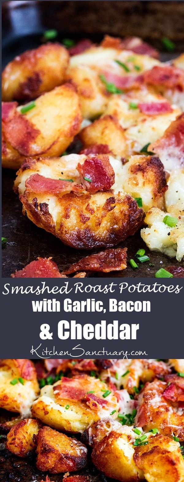 Smashed Roast Potatoes with Garlic, Bacon and Cheddar