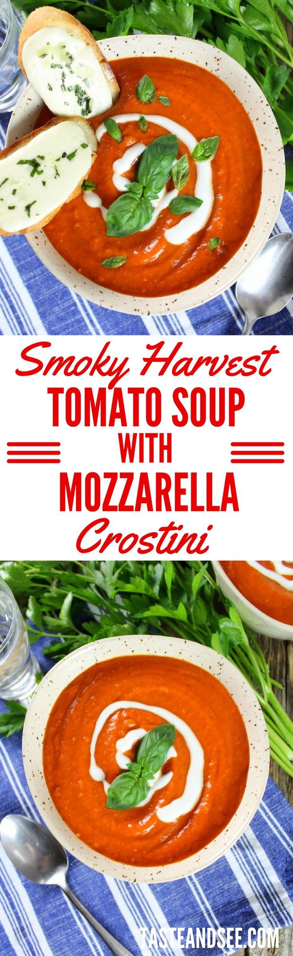 Smoky Harvest Tomato Soup with Mozzarella Crostini