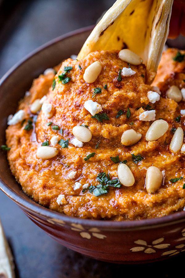 Smoky Roasted Red Pepper Hummus Dip with Feta Cheese and Pine Nuts