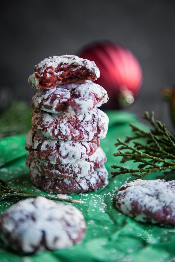 Soft and gooey red velvet crinkle cookies