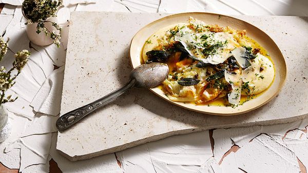 Soft polenta, fried eggs, sage, capers and parmesan