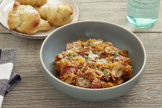 Spaghetti Squash Marinara with Mushrooms & Garlic Knots