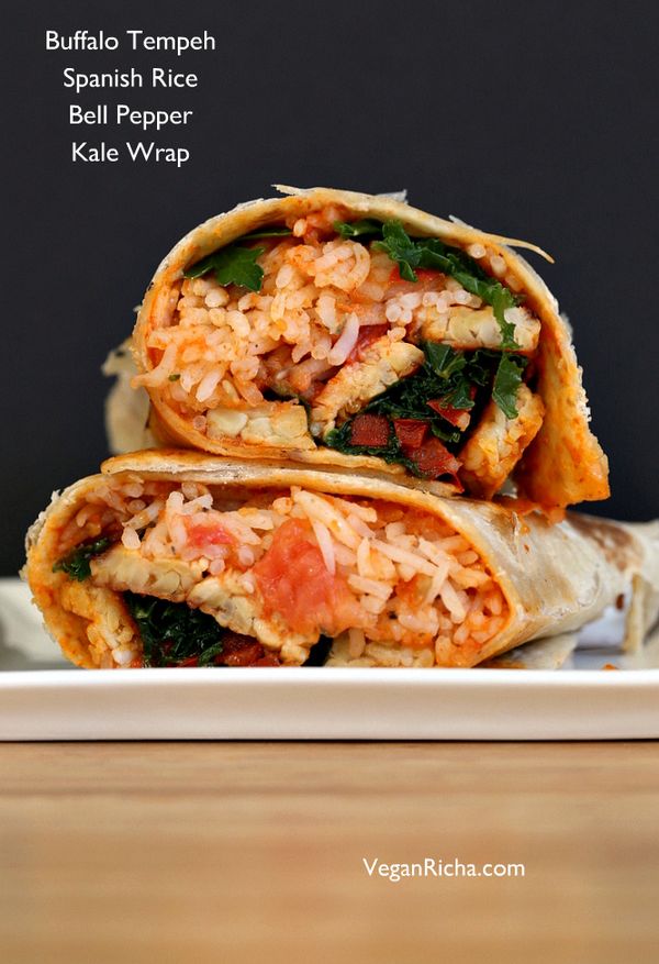 Spanish Rice, Buffalo Tempeh wrap with Kale, Bell Pepper