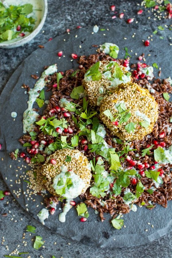 Spiced Chickpea Fritters with Wild Rice and Green Yoghurt Sauce