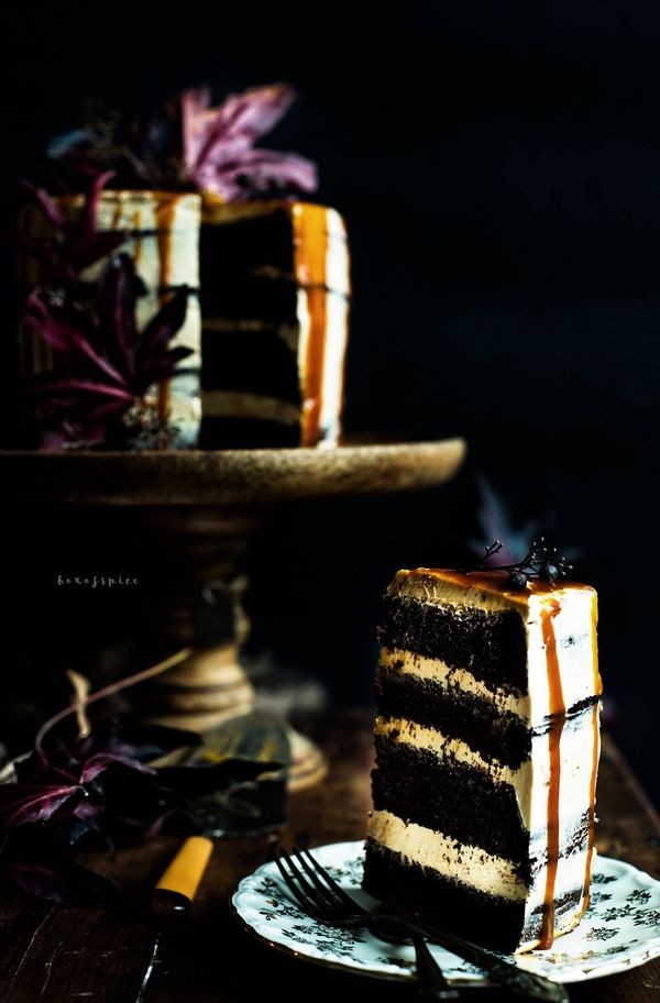 Spiced Whiskey Chocolate Cake with Whiskey Caramel Frosting