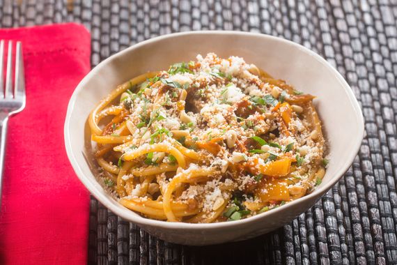 Spicy Peperonata Pasta with Tinkerbell Peppers, Cherry Tomatoes & Pine Nuts