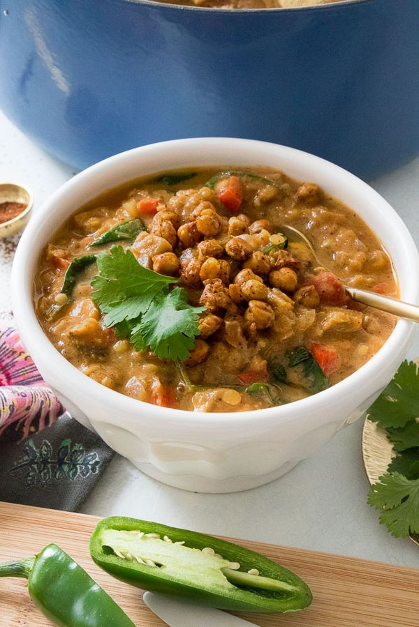 Spicy Red Lentil Veggie Stew with Crispy Chickpea Croutons