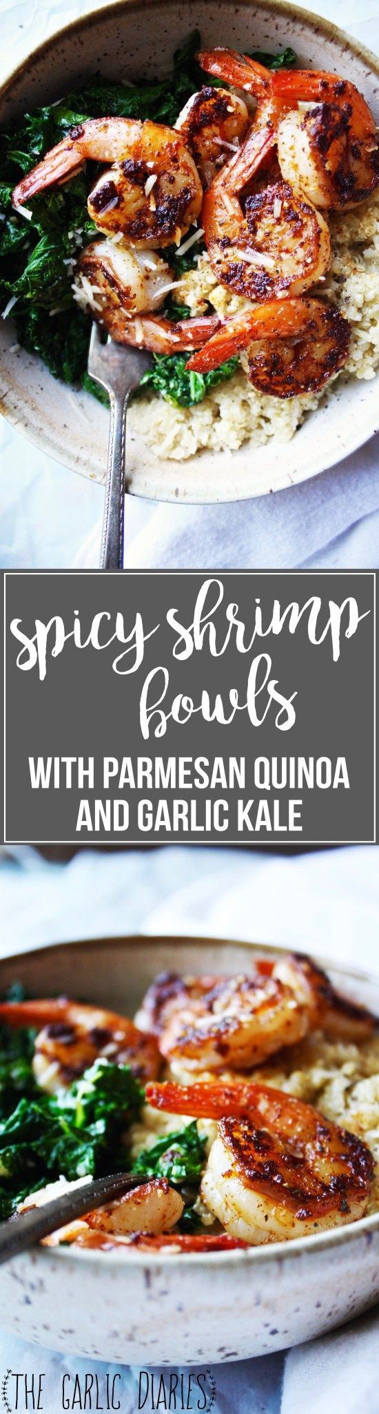 Spicy Shrimp Bowls with Parmesan Quinoa and Garlic Kale