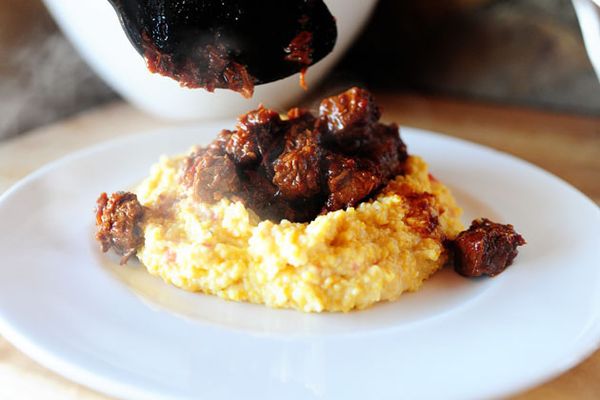 Spicy Stewed Beef with Creamy Cheddar Grits