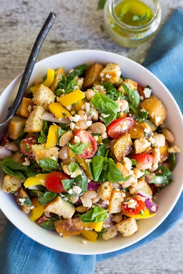 Spinach and White Bean Panzanella Salad with Basil Vinaigrette