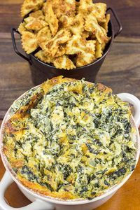 Spinach Artichoke Dip with Fried Bowtie Pasta