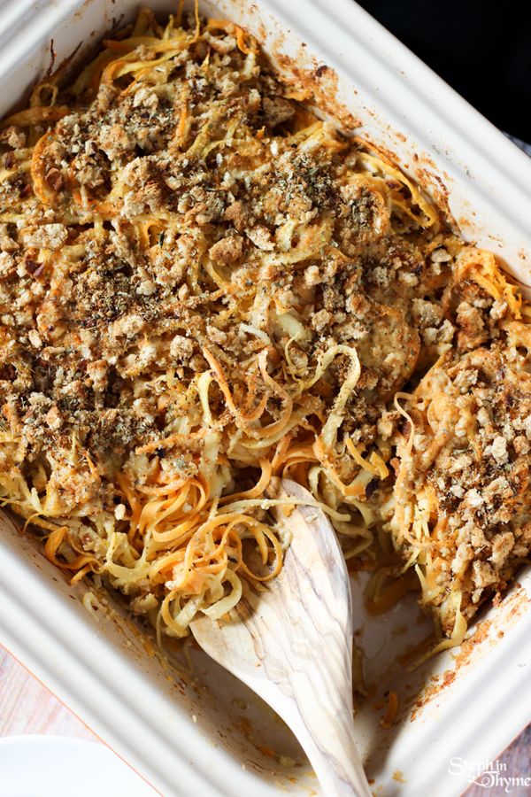 Spiralized Root Vegetable Casserole with Vegan Shallot Alfredo Sauce