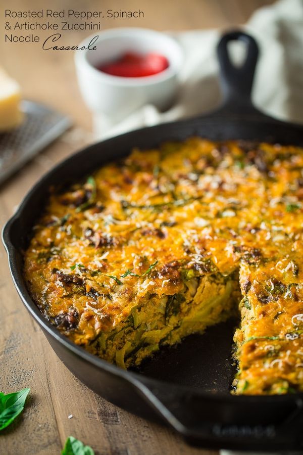 Spiralized Zucchini Casserole with Red Peppers, Spinach and Artichokes