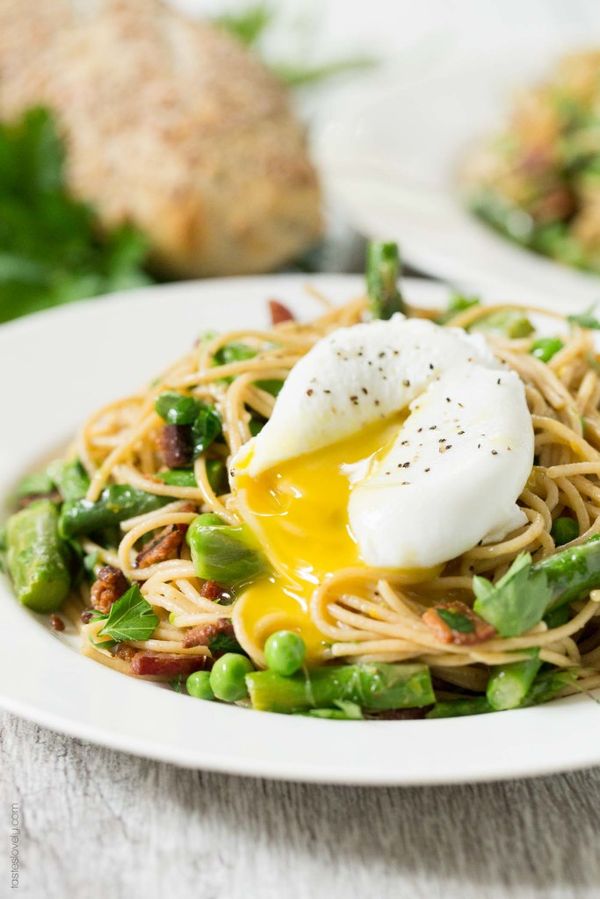 Spring Pasta with Bacon and Poached Egg