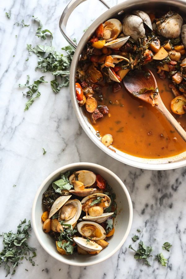 Steamed Clams with Chorizo, Tomatoes and Kale