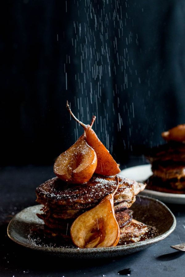 Sticky Date Pancakes with Butterscotch Sauce & Roasted Pears