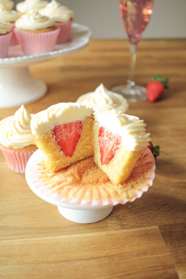 Strawberry and Vanilla Cupcakes with Prosecco Frosting