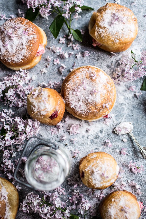 Strawberry Jelly and Vanilla Cream Brioche Doughnuts with Lilac Sugar