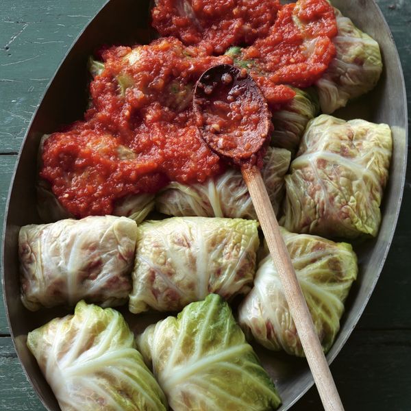 Stuffed Savoy Cabbage with Beef, Pork, and Rice in a Spicy Tomato Sauce