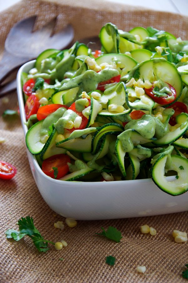 Sweet Corn, Cherry Tomato & Zucchini Salad with Avocado Ranch Dressing