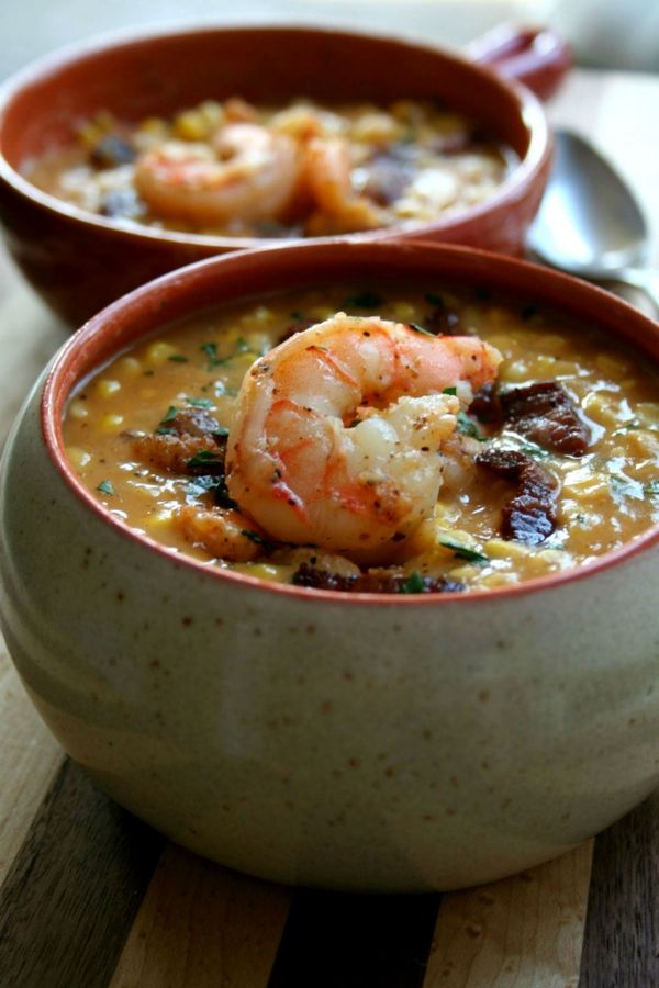 Sweet Corn, Peppered Bacon and Shrimp Chowder