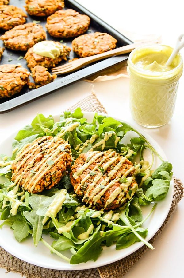 Sweet Potato & Lentil Cakes with Lemony Avocado Sauce