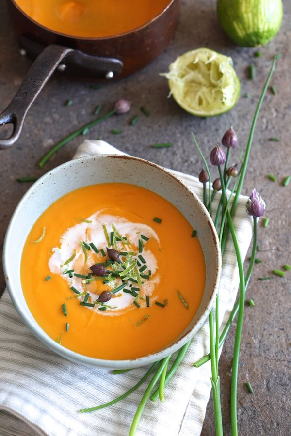 Sweet Potato and Lime Soup with Coconut and Chives