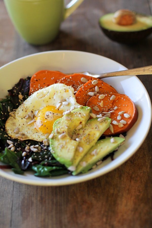 Sweet Potato Breakfast Bowls with Beet Greens and Avocado