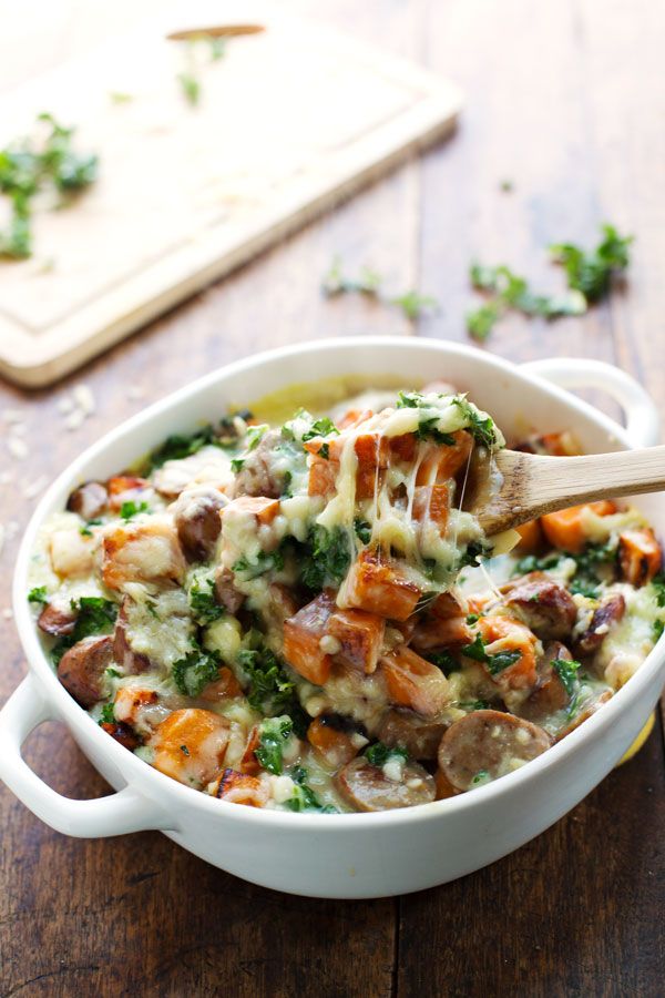 Sweet Potato, Kale, and Sausage Bake with White Cheese Sauce