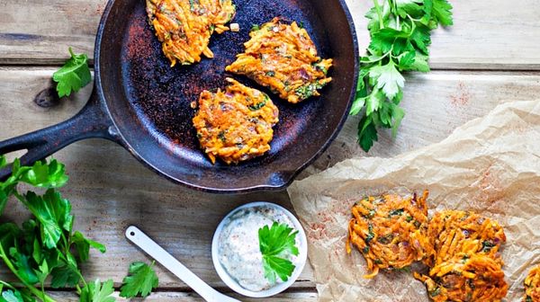 Sweet Potato Kale Latkes with Lemon Green Onion Parsley Sauce