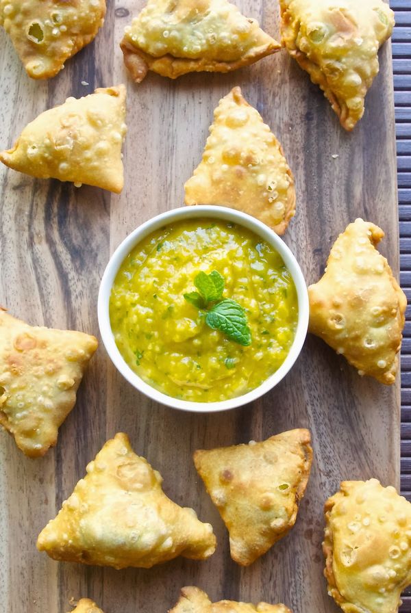 Sweet potato samosas with mango chutney