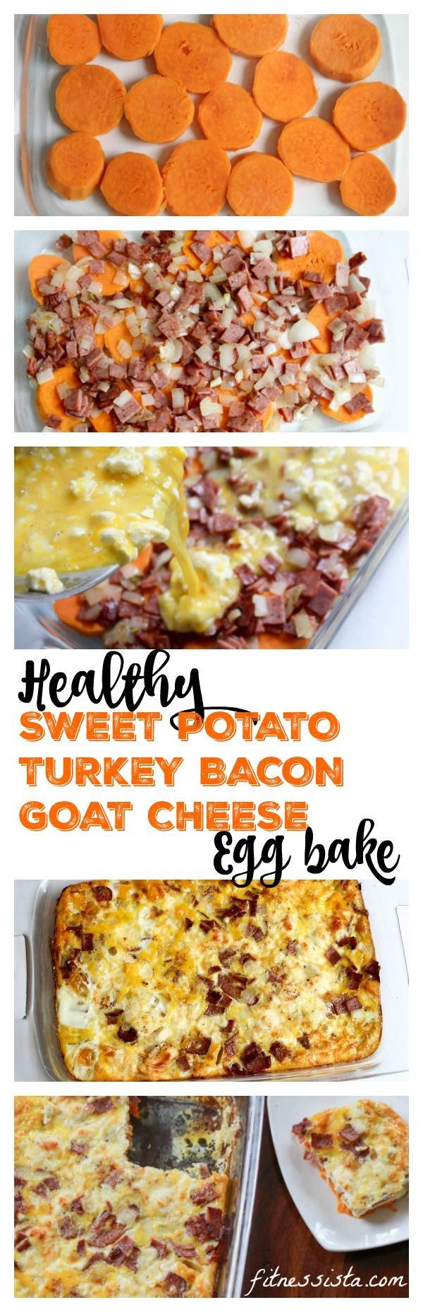 Sweet potato, turkey bacon, and goat cheese egg bake